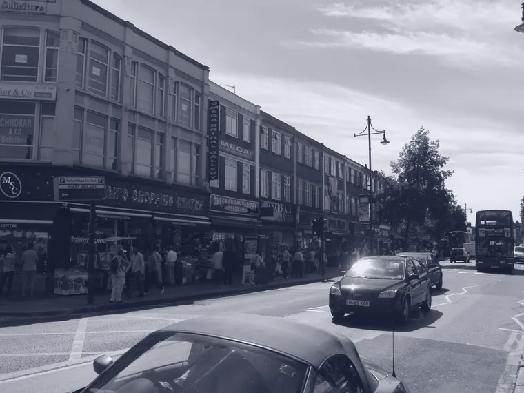 The Broadway in Southall, lined with shops